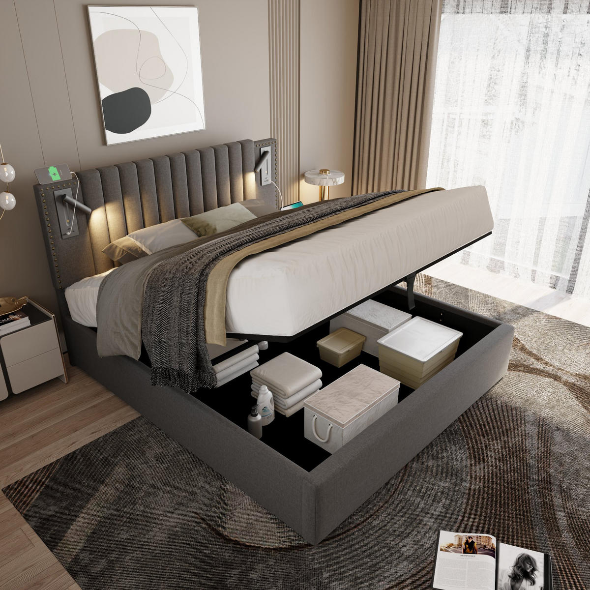 POLSTERBETT 160/200 cm mit Leselicht, USB-C-Anschlüssen, Bettkasten und verstellbarem Kopfteil, Grau - Grau, Textil (160/200cm) - Redom