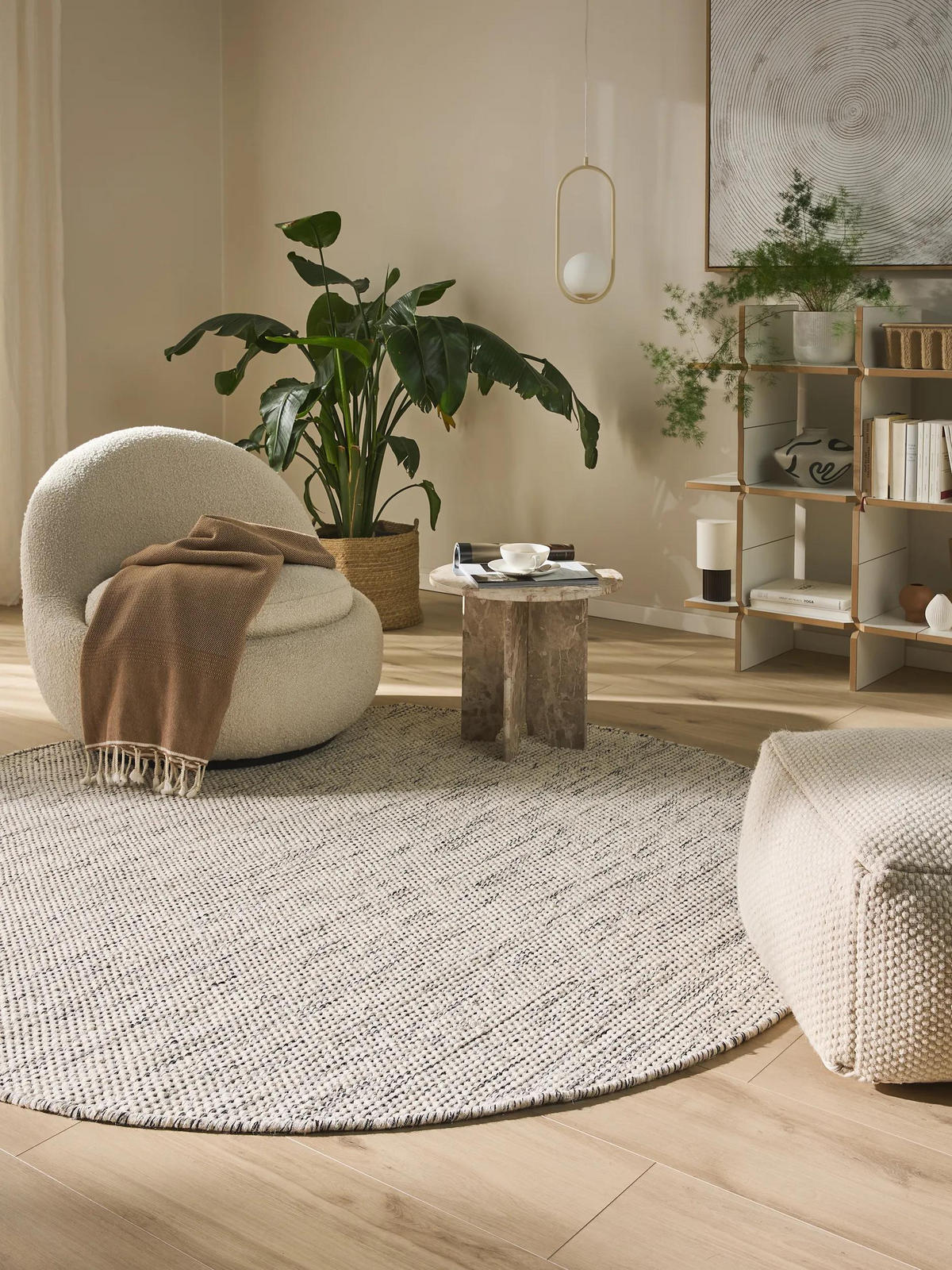 WOLLTEPPICH Rocco Beige/Schwarz ø 250 cm rund - Beige, Naturmaterialien/Textil (250/250cm) - benuta Pure