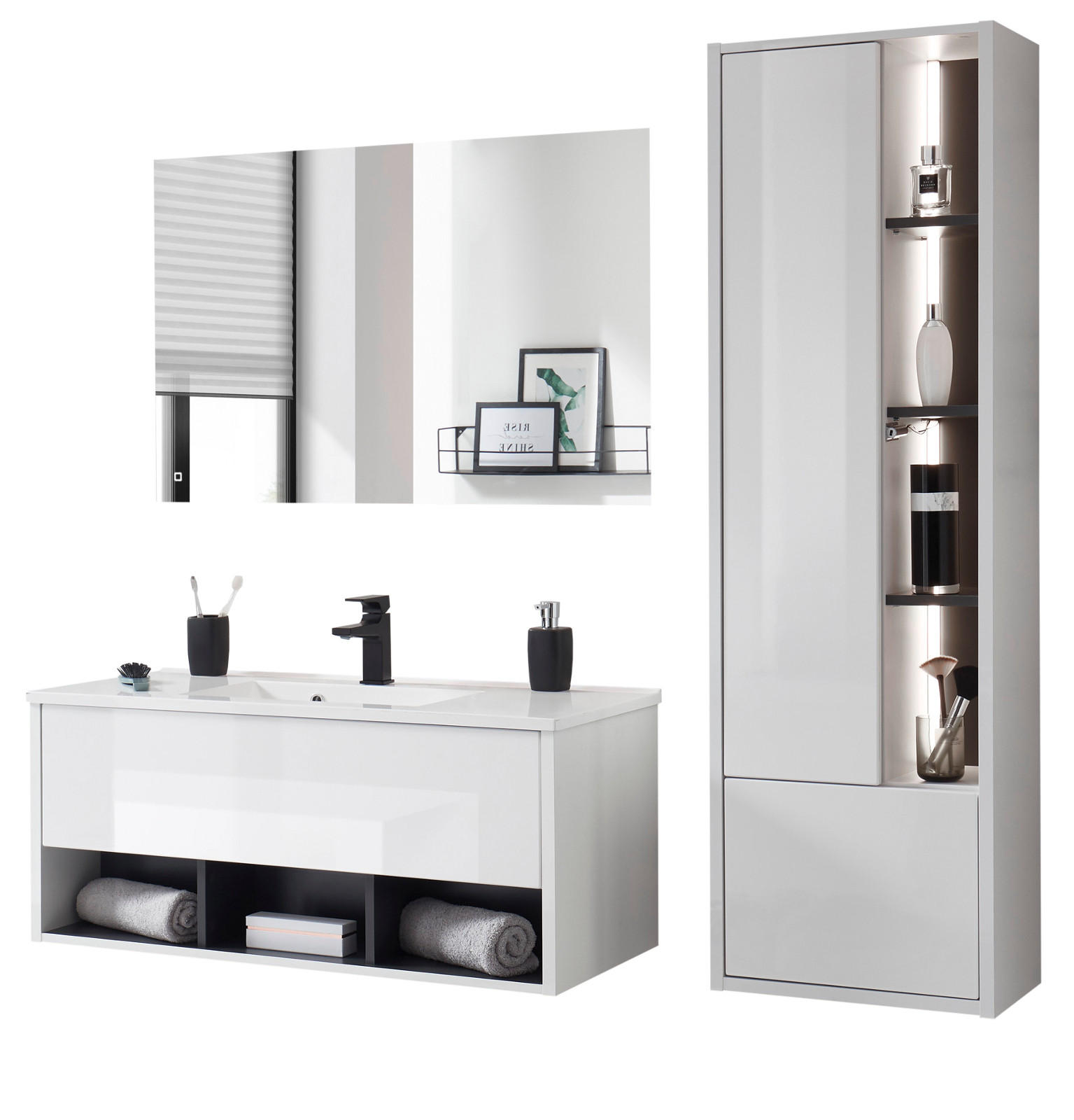 BADMÖBEL Set in weiß Hochglanz und grau mit Waschbecken und LED Beleuchtung 155 x 190 cm Glide - Weiß Hochglanz/Grau, Glas/Holzwerkstoff (155/190/47cm) - Furn.Design