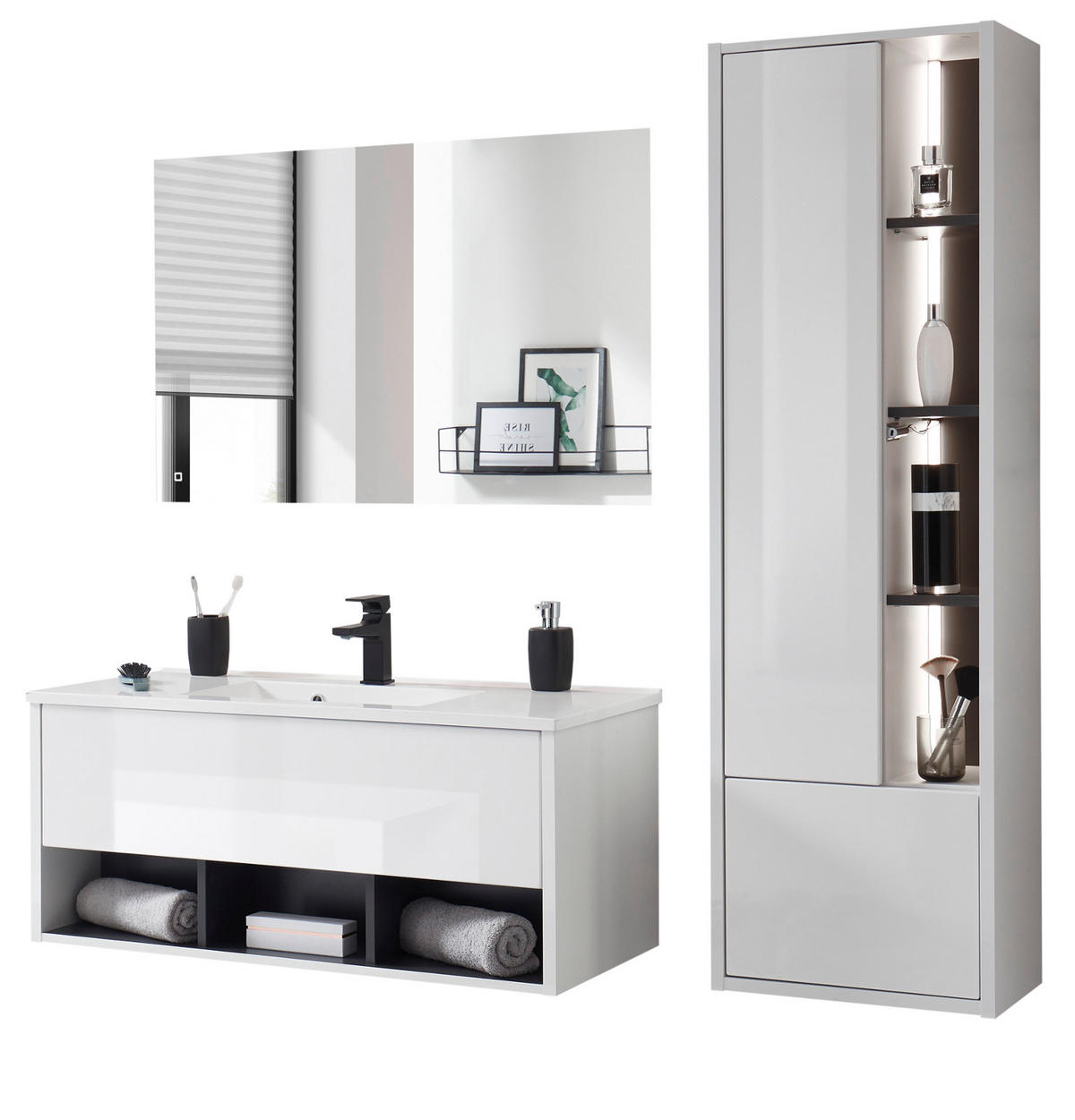 BADMÖBEL Set in weiß Hochglanz und grau mit Waschbecken und LED Beleuchtung 155 x 190 cm Glide - Weiß Hochglanz/Grau, Glas/Holzwerkstoff (155/190/47cm) - Furn.Design