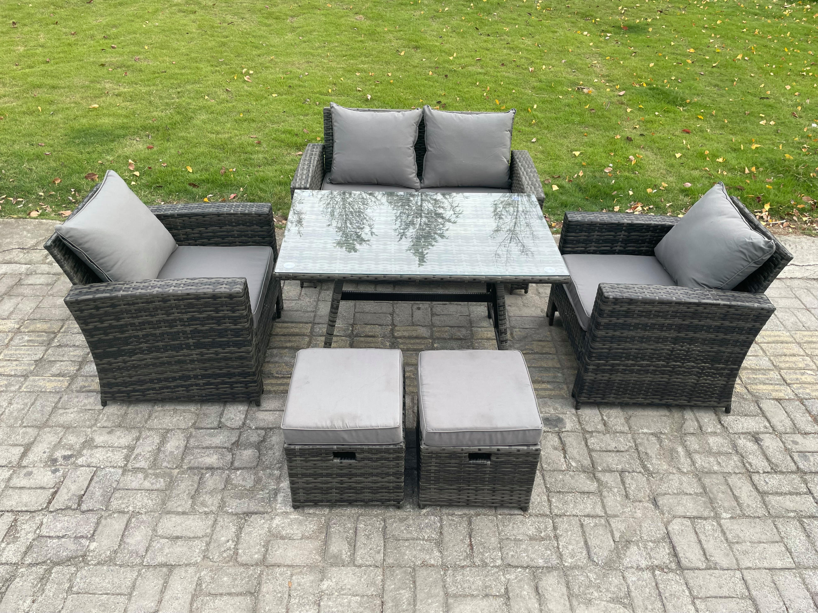 GARTENMÖBELSET mit ESSTISCH,HOCHLEHNER-SOFA Polyrattan Dunkelgrauer Mix 6-Sitzer - Dunkelgrau/Grau, Glas/Kunststoff - Fimous