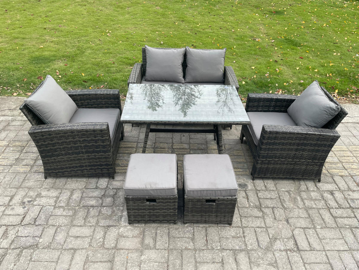 GARTENMÖBELSET mit ESSTISCH,HOCHLEHNER-SOFA Polyrattan Dunkelgrauer Mix 6-Sitzer - Dunkelgrau/Grau, Glas/Kunststoff - Fimous