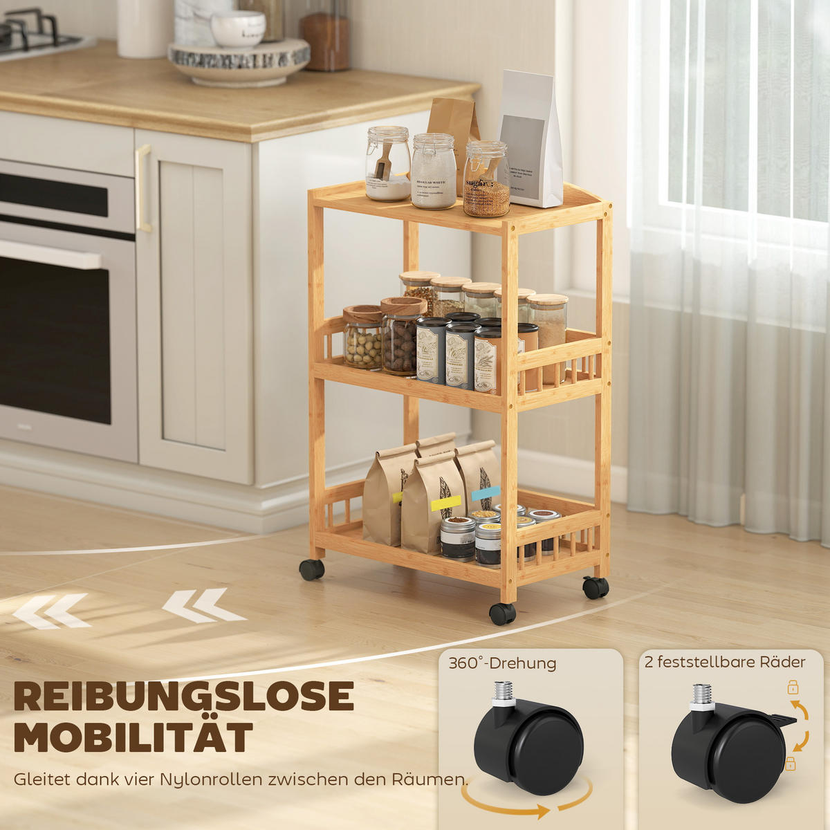 KÜCHENWAGEN, Rollbarer Servierwagen mit 3 Ebenen, Naturholz, für Küche, Bad und Büro, praktisch - Multicolor, Metall (53/83/30.5cm) - FORIOUS