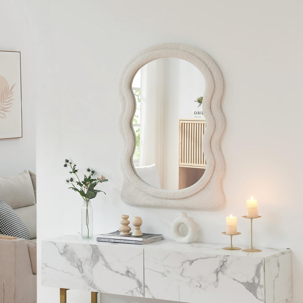 NÁSTĚNNÉ ZRCADLO Brummen - bílá, kompozitní dřevo/textil (60/80/3cm) - [en.casa]
