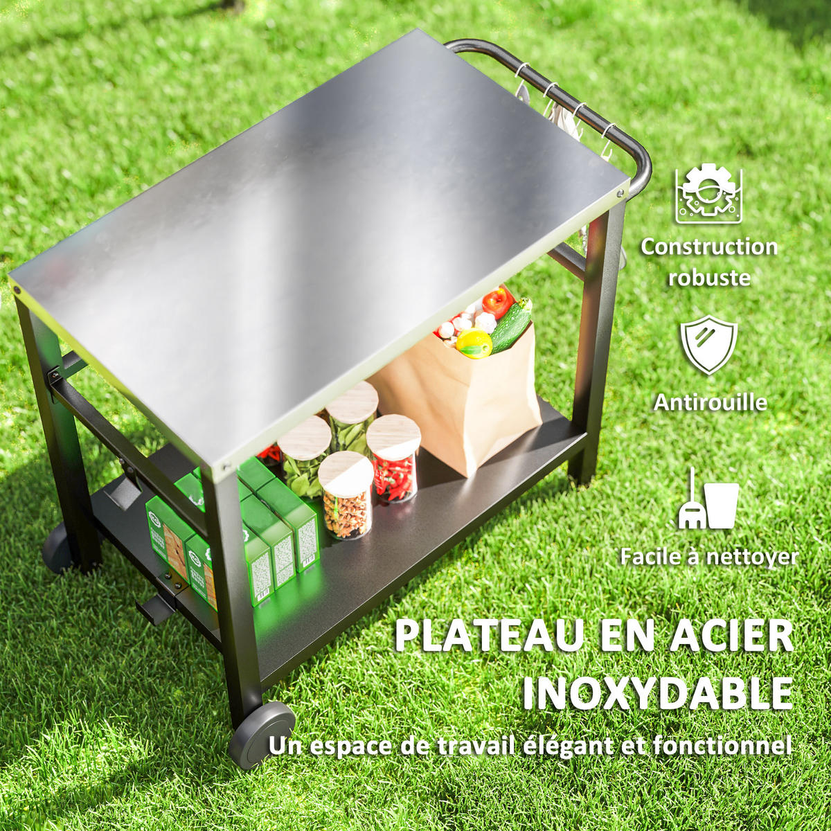 GRILLWAGEN DE-13800 Edelstahl-Arbeitsplatte & Haken Grau - Dunkelgrau, Metall (50/81/102cm) - ComfortXL