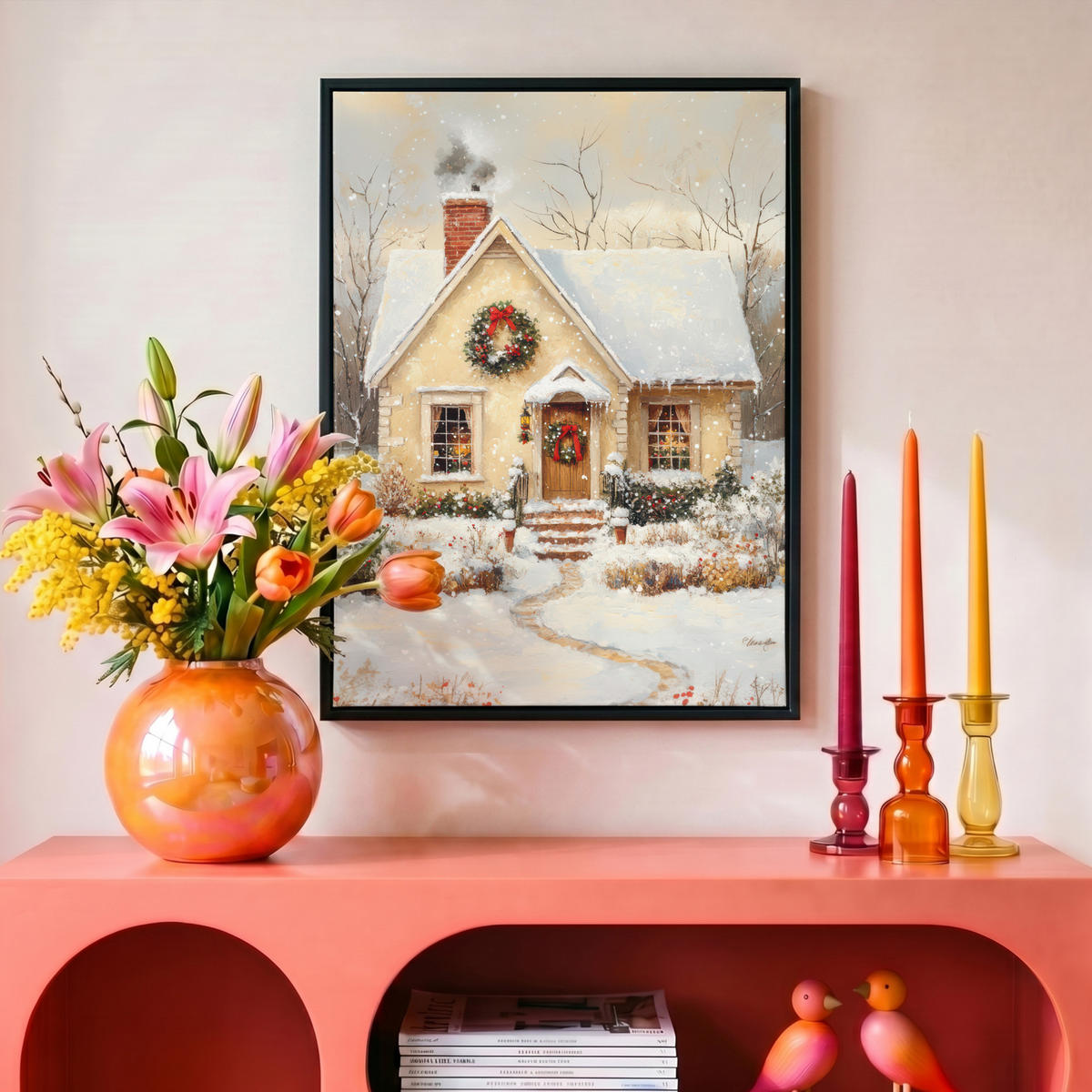 LEINWAND Bilder mit Rahmen - Weihnachten - Zuhause - Winter - Schnee - 30x40 - Creme, Textil (30/40cm) - MuchoWow
