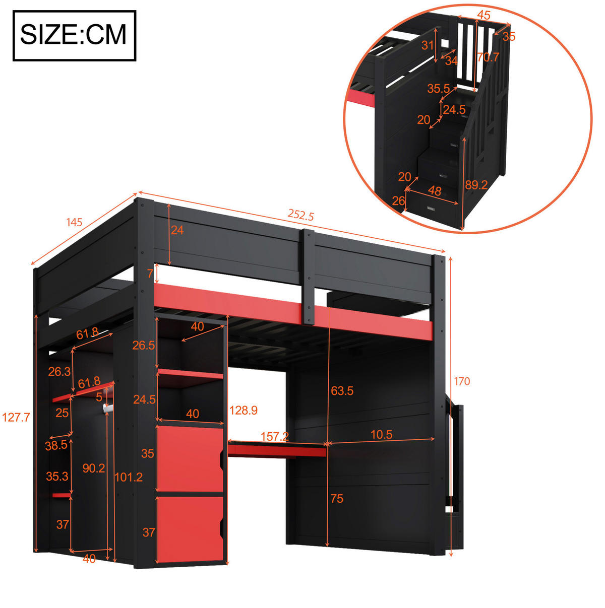 VISOKA postelja 140/200 cm črna in rdeča z mizo LED-osvetlitvijo in stopnicami za shranjevanje iz MDF in vezane plošče - črna, leseni material (140/200cm) - OKWISH