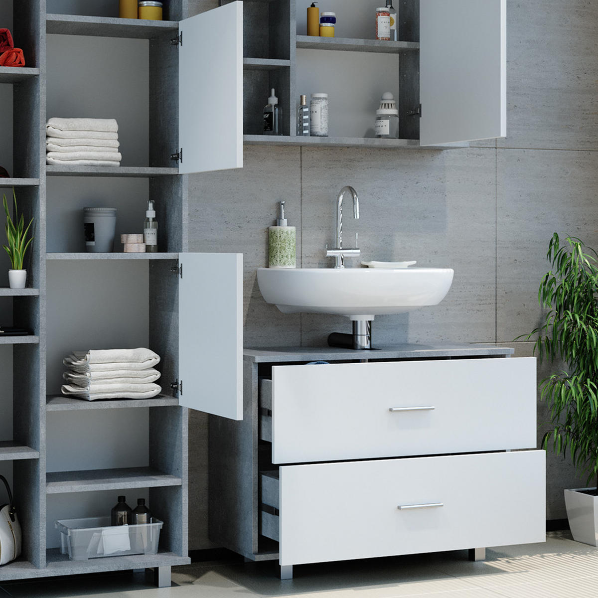 BADMÖBEL-SET Ilias Beton/Weiß 3 Teile, mit Hochschrank - Weiß/Grau, Holzwerkstoff (80.2/60.8/33cm) - Vicco