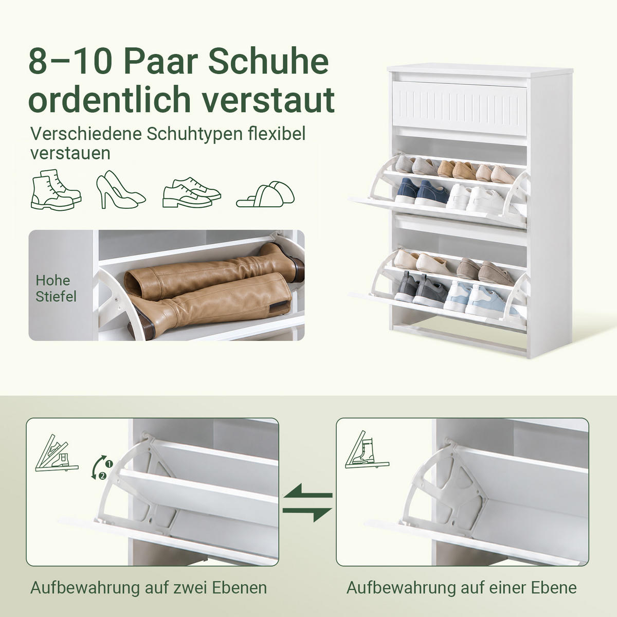 SCHUHSCHRANK Weiß mit Schublade, 2 Klappen, 10 Paar bis EU 46, 26 cm tief, für schmale Flure - Weiß, Holzwerkstoff (61/100/26cm) - SoBuy