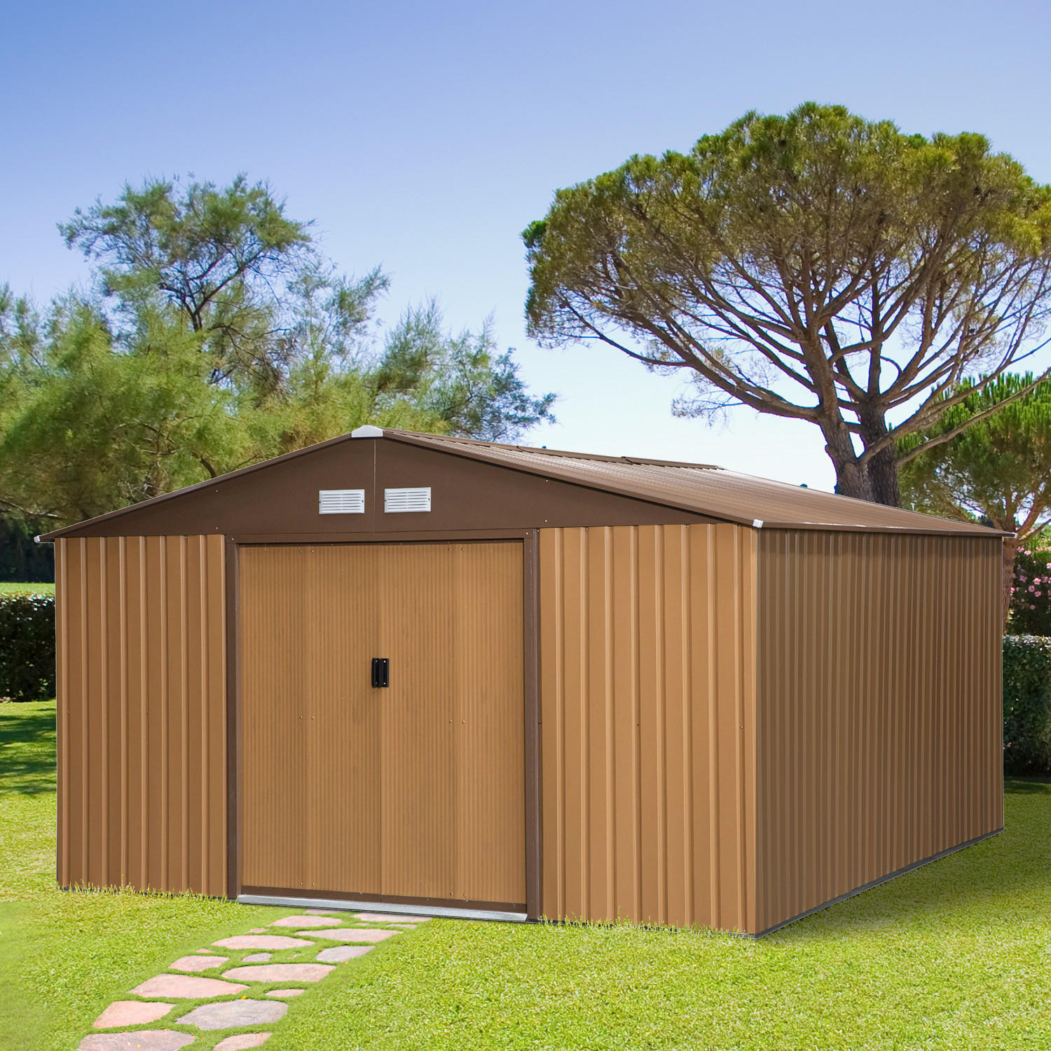 STAHL Gerätehaus mit Bodenplatte, 20m³ Geräteschuppen, Fahrradschuppen, Braun - Braun, Metall (386/200/340cm) - Outsunny