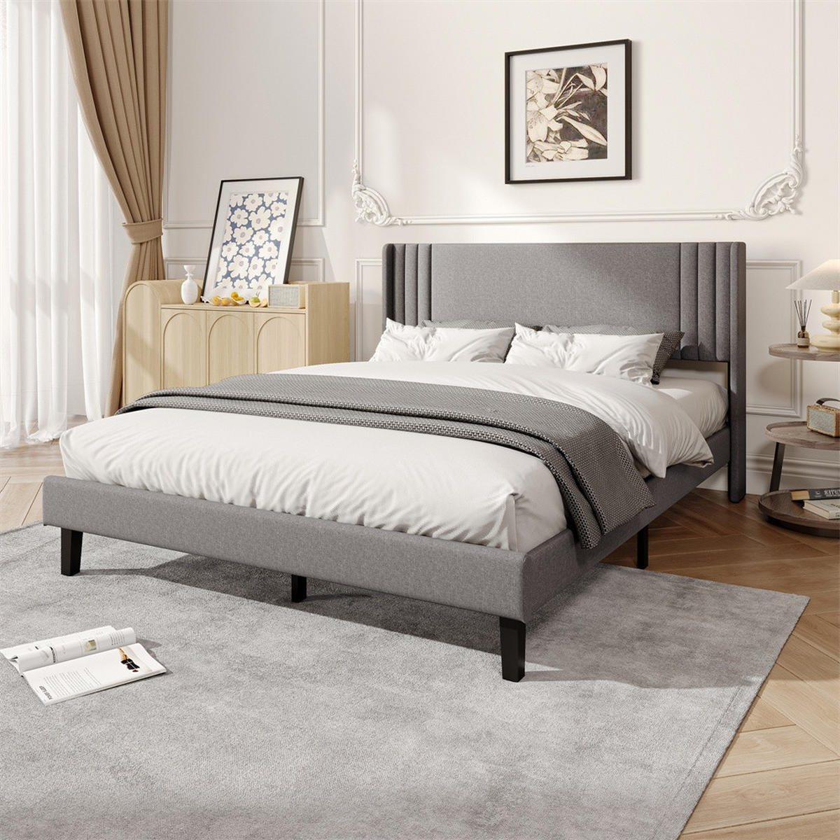 POLSTERBETT 160 x 200 cm aus Leinen mit gepolstertem Kopfteil - tabile Bettbeine ohne Matratze - Grau - Grau, Textil (160/200cm) - DELFA