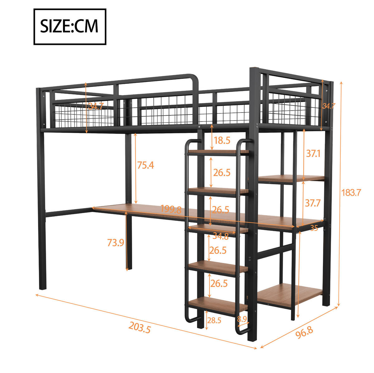 HOCHBETT 90/200 cm mit Schreibtisch, Regalen, Sicherheitsleiter und Metallgitter, Schwarz - Schwarz, Metall (90/200cm) - Redom