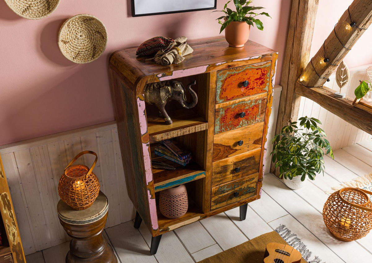 KOMMODE Altholz 79x40x116 mehrfarbig lackiert SIXTIES #105 - Multicolor, Holz (79/116/40cm) - Massivmoebel24