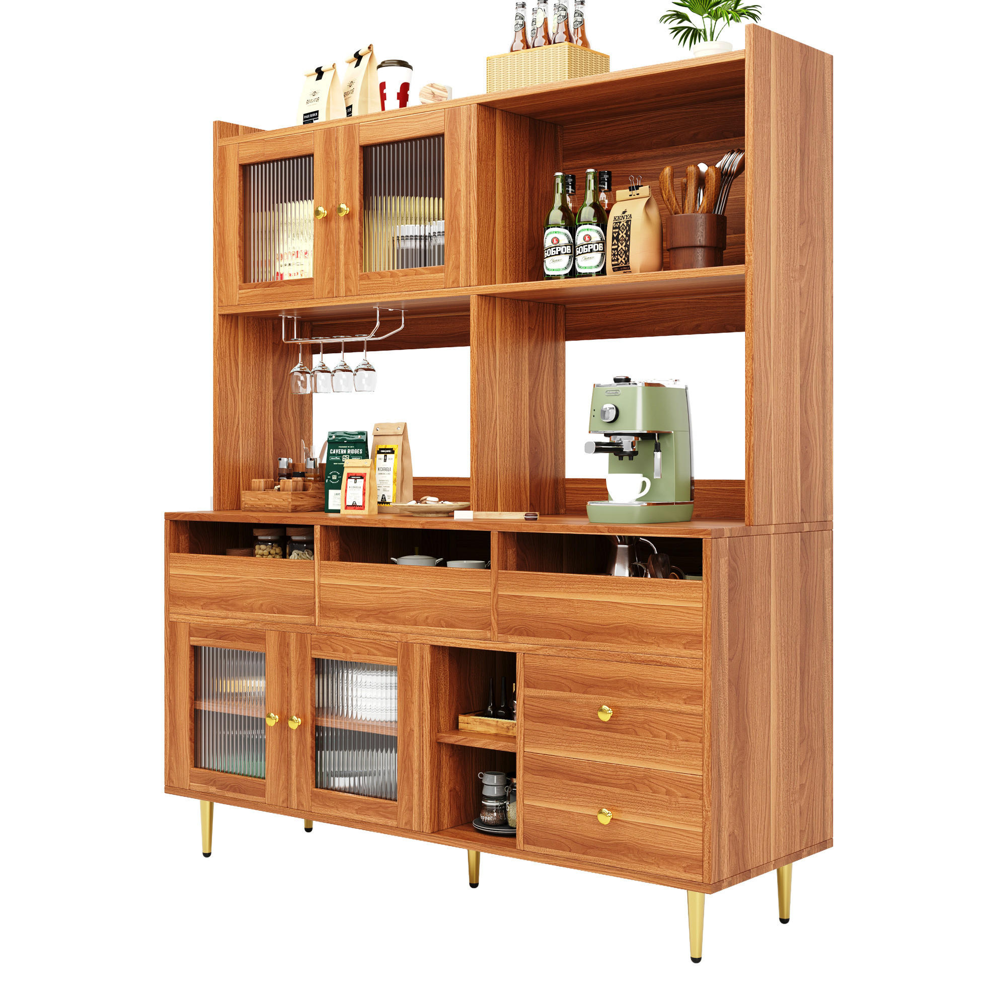 BUFFET 145/39/171 cm aus MDF mit Changhong-Glastüren und Weinregal Walnussbraun - Walnussfarben, Holzwerkstoff (39/171/145cm) - Modenvie