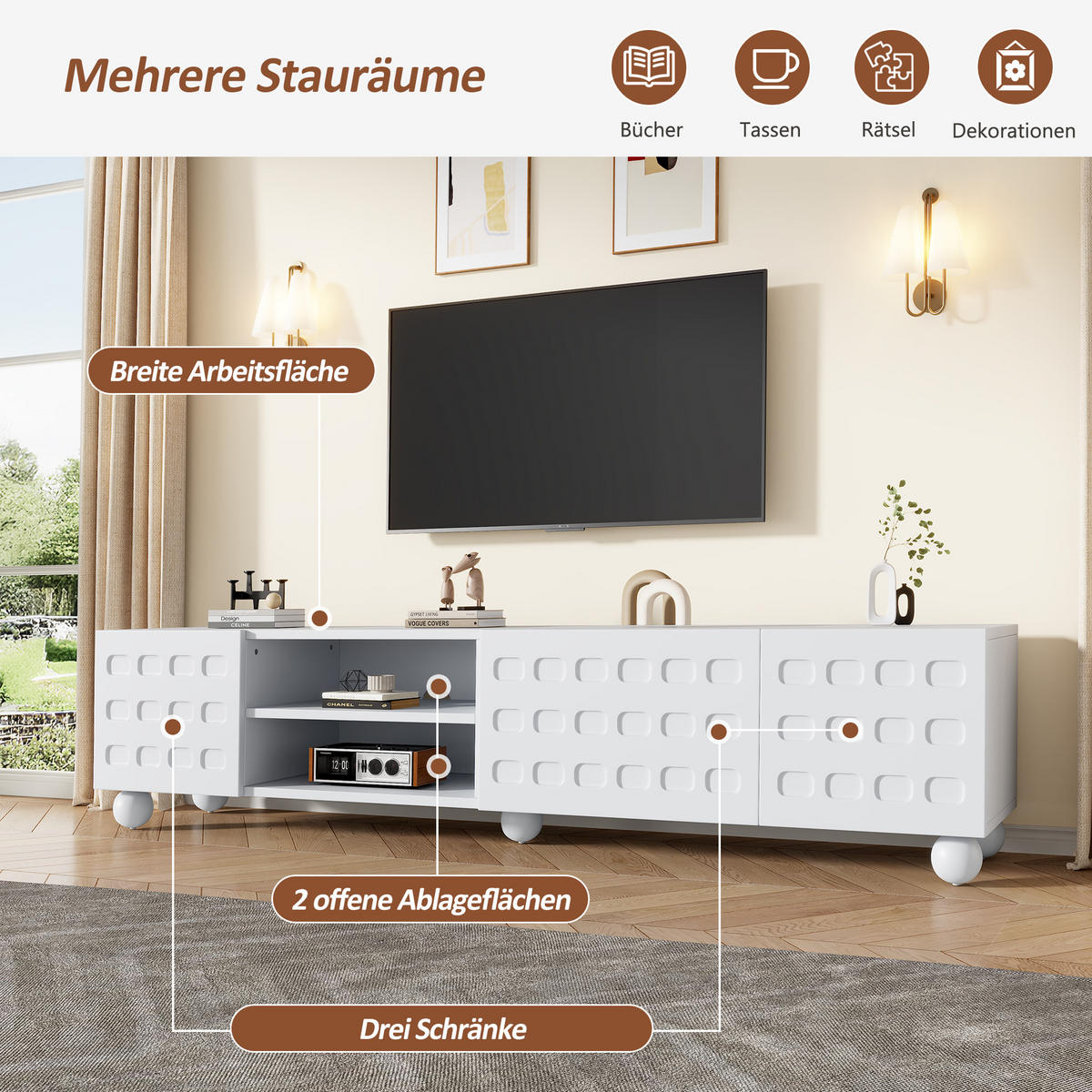 TV-SCHRANK weiß aus Spanplatte mit bedruckten Türen 200 × 40 × 44 cm - Weiß, Holzwerkstoff (200/44/40cm) - Luhomfu