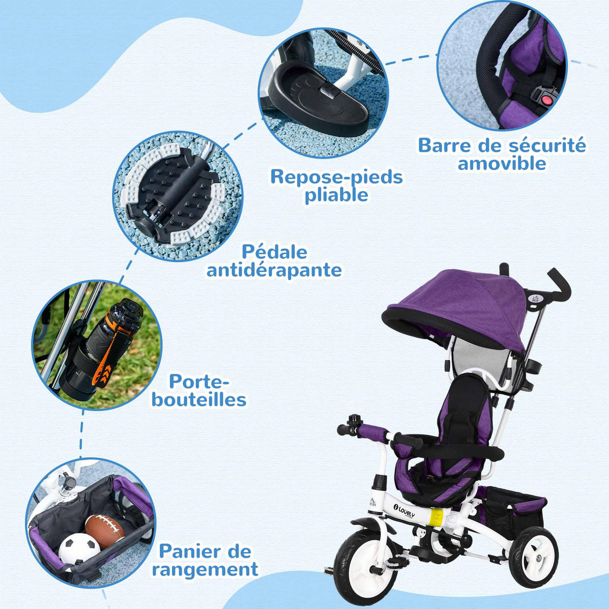 DREIRAD DE-18943 6-in-1 mit Sonnenschutz & Teleskopgriff Violett/Weiß - Lila, Metall (95/50/106cm) - ComfortXL
