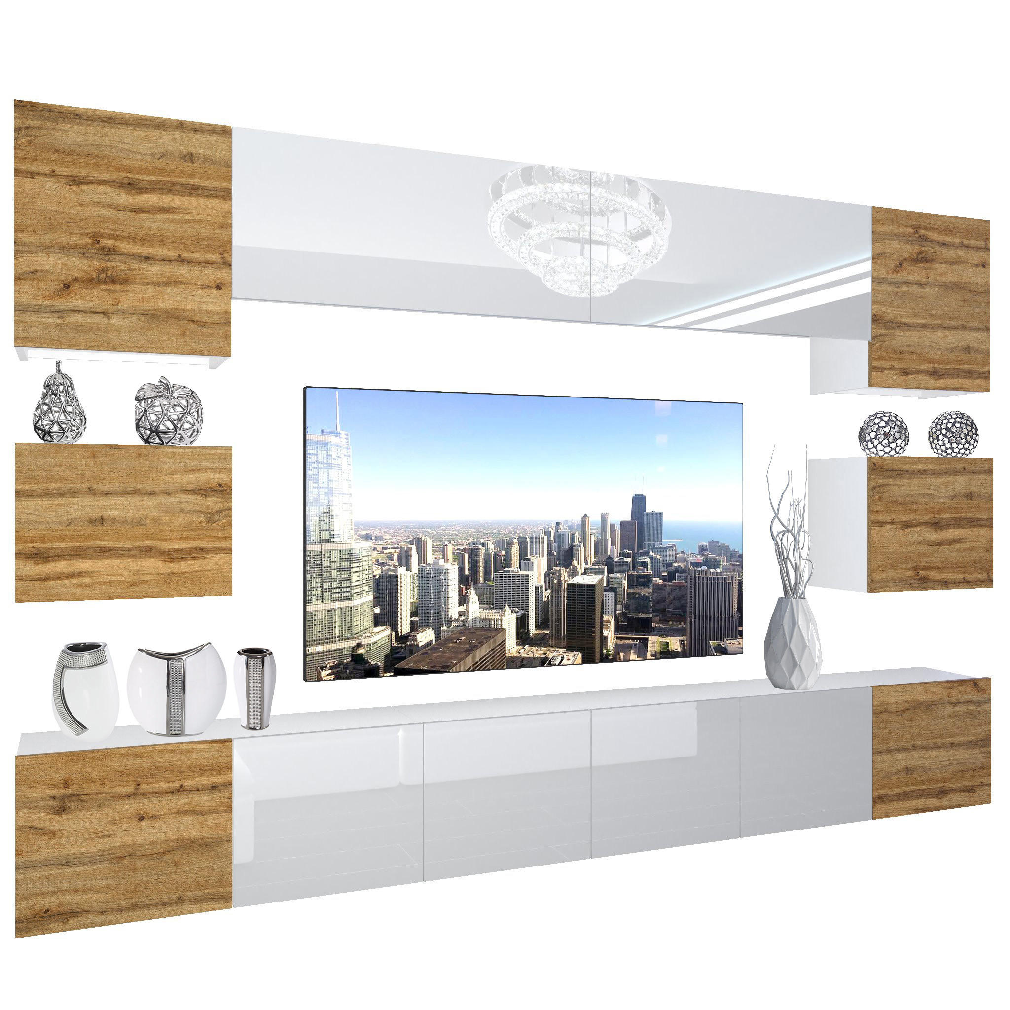 WOHNZIMMERWAND Schrankwand mit LED Eiche Wotan / Weiß - Beige/Weiß, Holz (300/180/36cm) - B BELINI GROUP