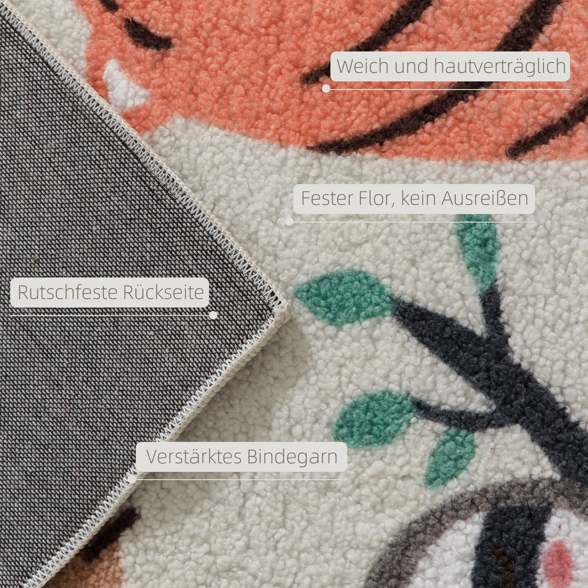 TEPPICH Anti-Rutsch Wohnzimmerteppich Kurzflor mit Dschungel-Muster Fleece-Optik - Multicolor, Textil (80/150cm) - HOMCOM