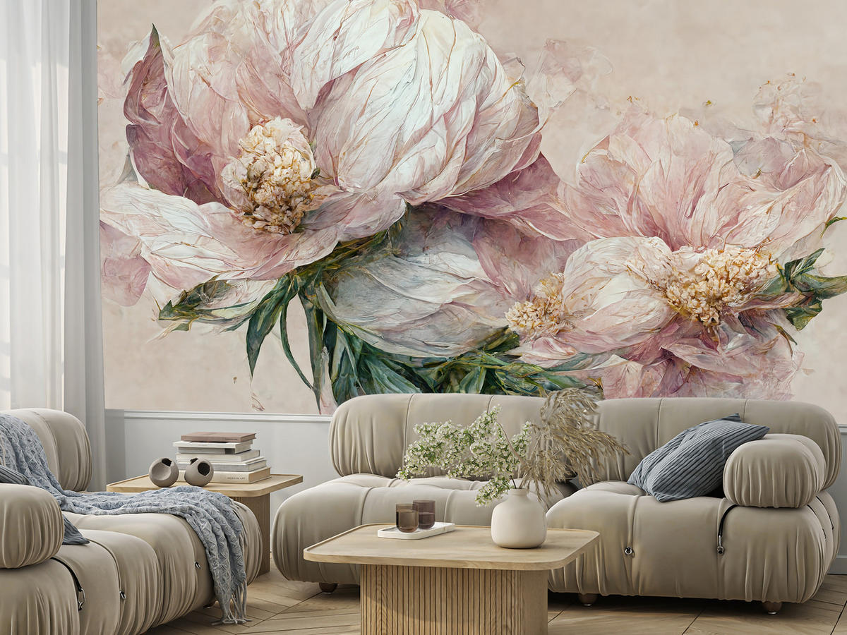 FOTOTAPETE für Wohnzimmer Vintage Rosa Blumen Blätter Natur 400x280 - Beige/Creme, Papier (400/280cm) - Muralo