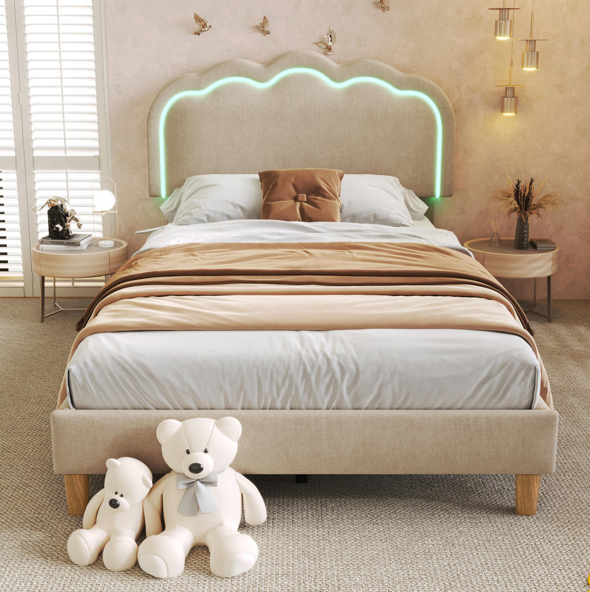 POLSTERBETT 90/190 cm Beige mit LED-Beleuchtung und verstellbarem Kopfteil - Beige, Textil (90/200cm) - Flora Grace