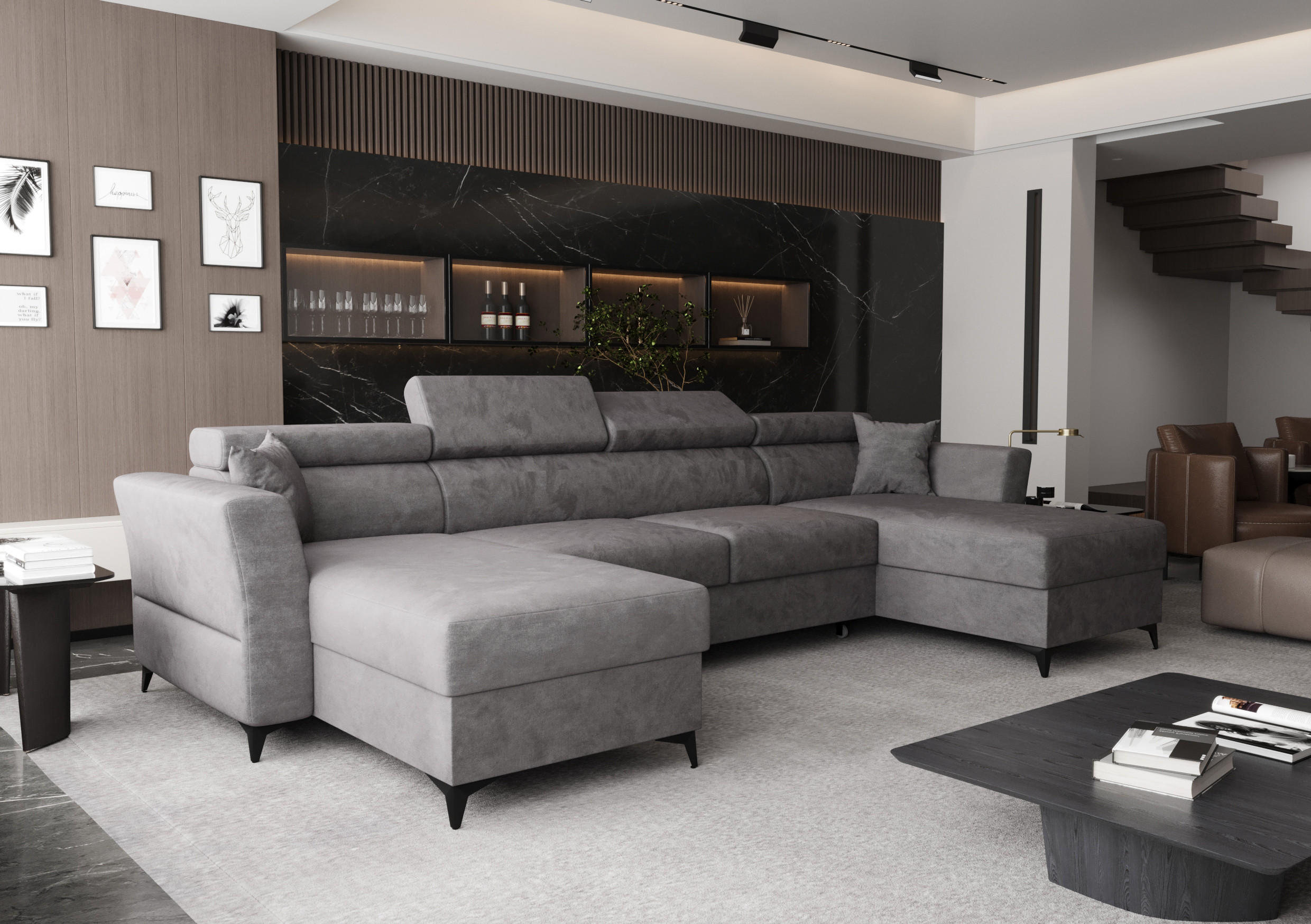 WOHNLANDSCHAFT Ribella Grau 345/180/100 cm mit Schlaffunktion - Hellgrau/Schwarz, Textil/Metall (345/100/180cm) - AX Living