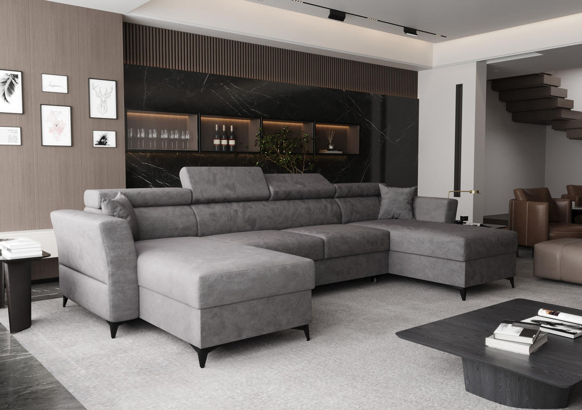 WOHNLANDSCHAFT Ribella Grau 345/180/100 cm mit Schlaffunktion - Hellgrau/Schwarz, Textil/Metall (345/100/180cm) - AX Living