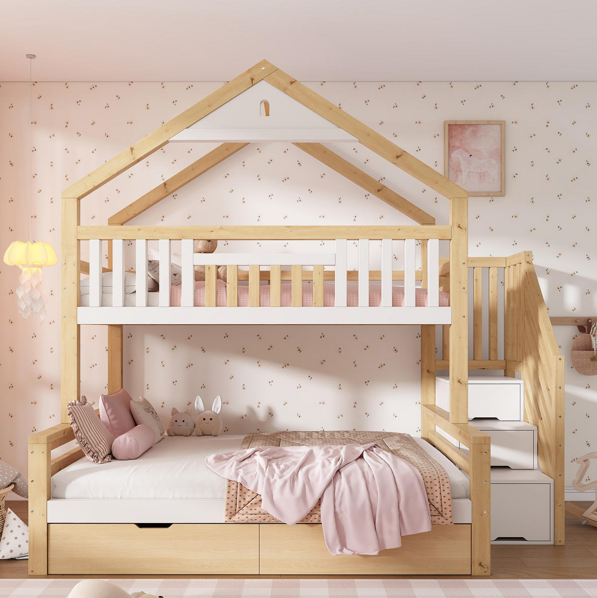 ETAGENBETT Holz 140x200 cm Weiß & Eiche mit Treppenschrank, 2 Schubladen und Giebeldach - Weiß, Holz (140/200cm) - Modfu