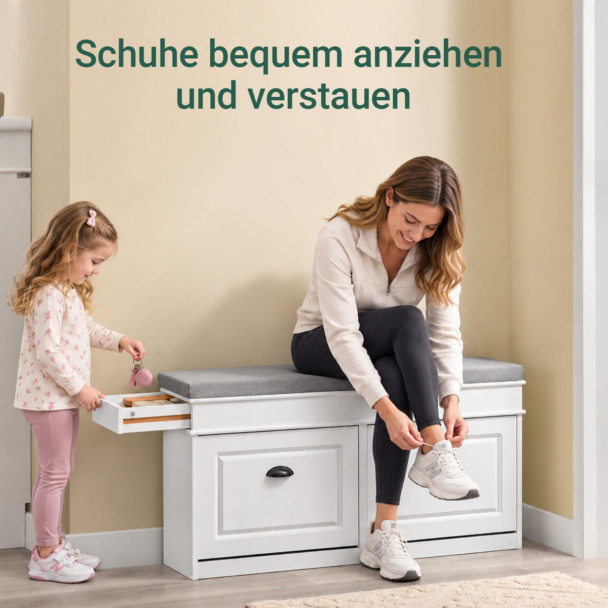 SCHUHBANK weiß, 104x52x24 cm, graues Sitzpolster, 8 Paar + Schublade, bis 150 kg - Weiß, Holzwerkstoff (104/54/24cm) - SoBuy