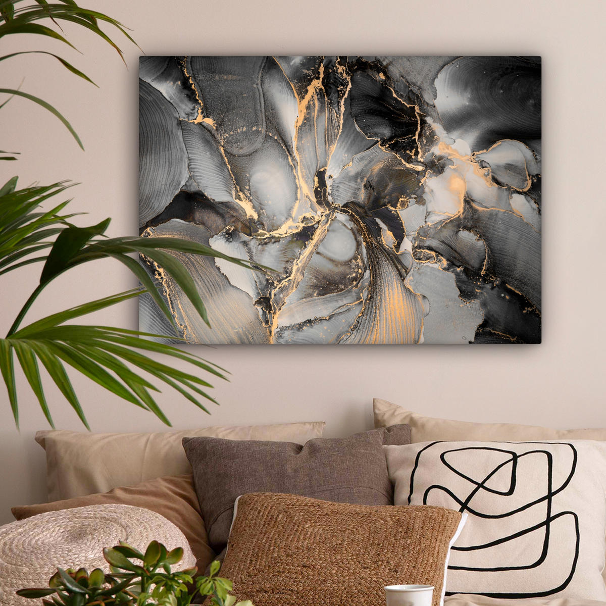 LEINWANDBILD Grau - Luxus - Gold - Marmor Wandbilder 80x60 cm - Dunkelgrau, Textil (80/60cm) - MuchoWow