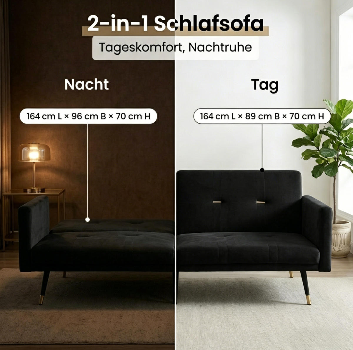 SCHLAFSOFA aus Samt in Schwarz mit verstellbaren Rückenlehnen - Schwarz, Textil (164/70/89cm) - Modfu