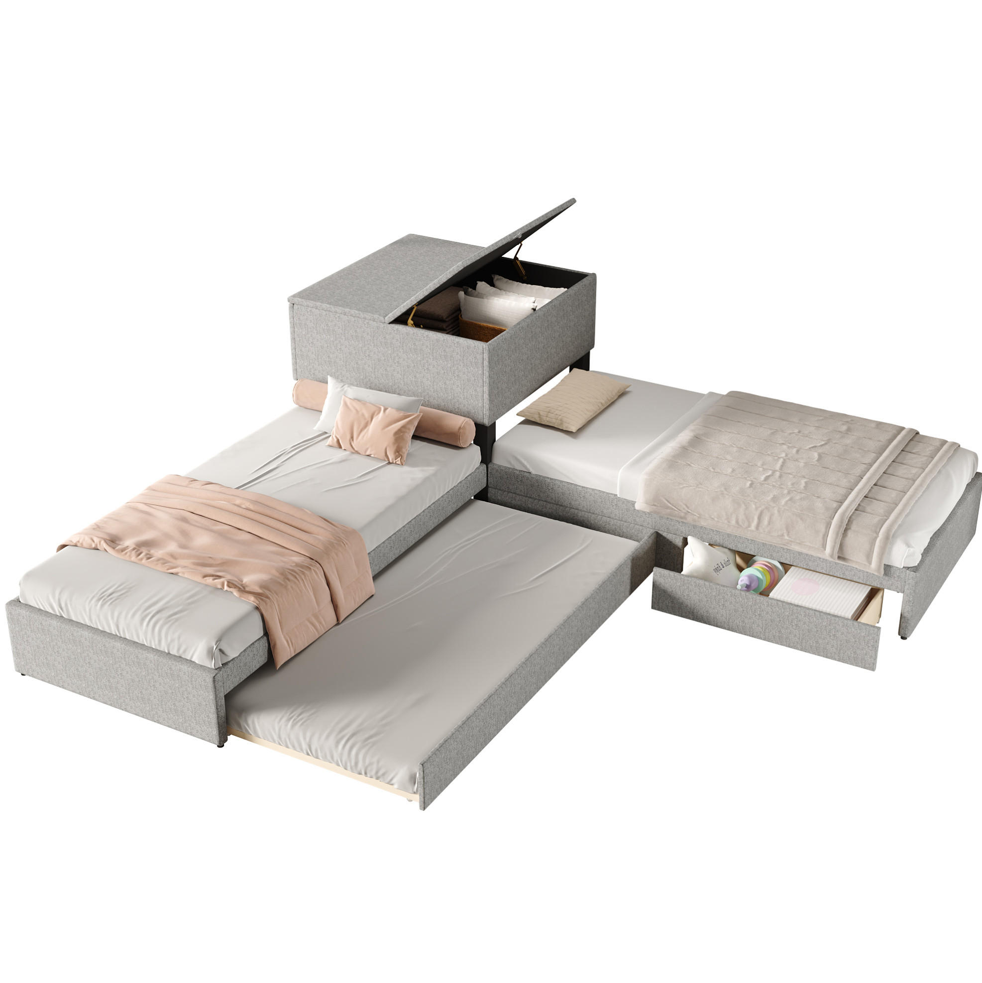 POLSTERBETT aus Leinen 90x200 cm in Grau mit Ausziehbett & Stauraum - Grau, Textil (90/200cm) - Modfu