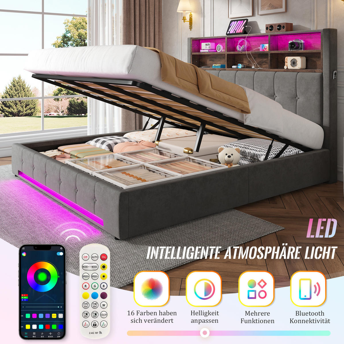 POSTEL 180/200 cm s LED osvětlením, USB-C, úložným prostorem a sametovým čelem s policemi, Tmavě šedá - tmavě šedá, kov (180/200cm) - Redom