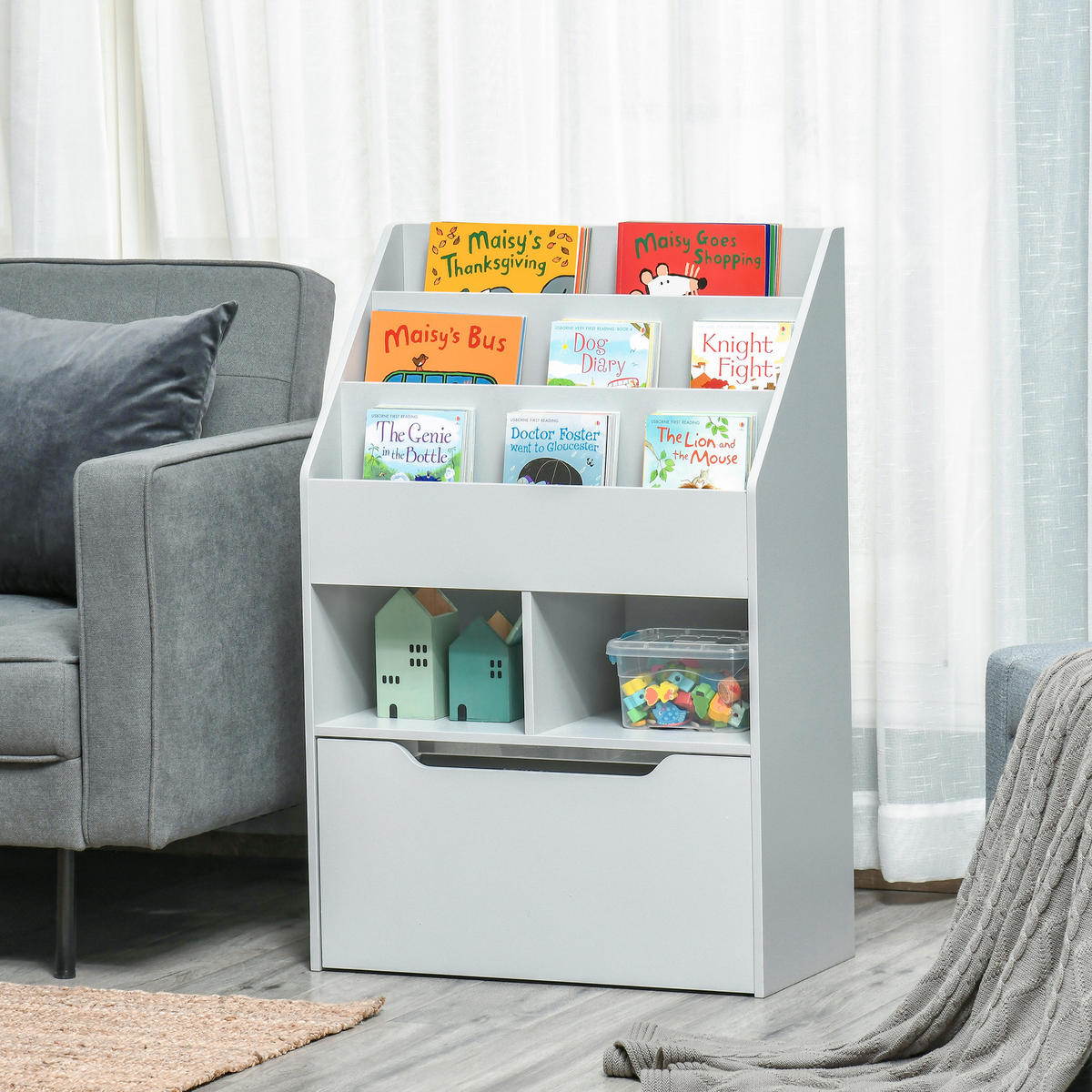 KINDER Bücherregal Kinderregal mit Schublade, 3 Ablagefächern, 2 offenen Fächern - Grau, Holzwerkstoff (29.9/90/60cm) - HOMCOM