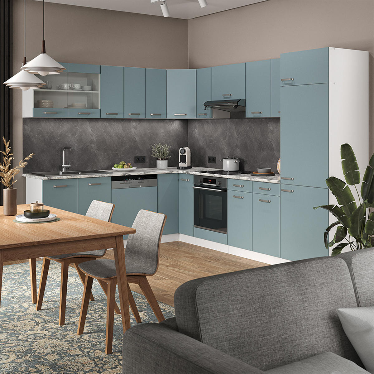 ECKKÜCHE R-Line Blau-Grau/Weiß 227 x 287 cm, AP Anthrazit - Blaugrau/Weiß, Holzwerkstoff (287/81.6/60cm) - Vicco