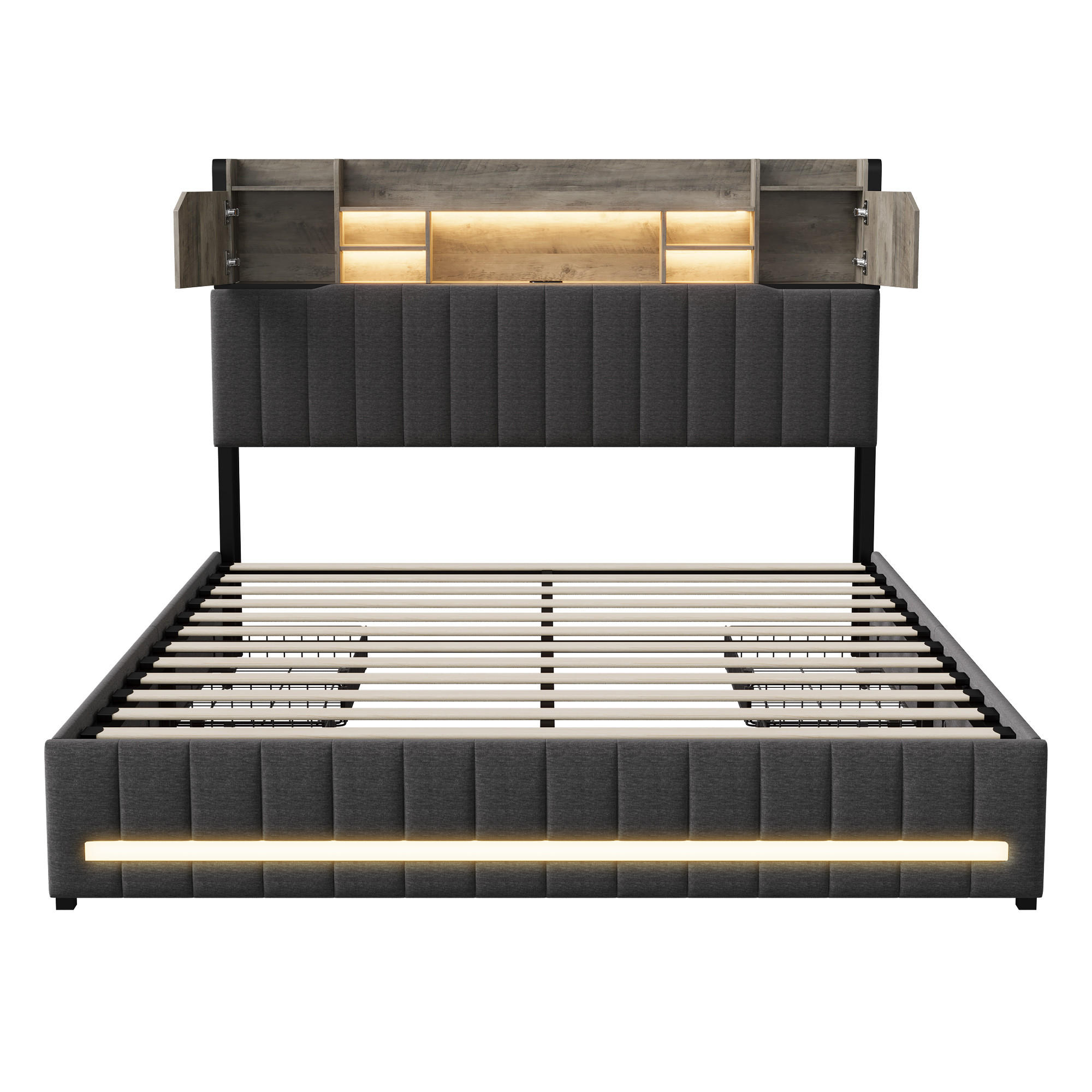 POLSTERBETT 140x190 cm mit LED, USB, 4 Schubladen, Leinen, Grau - Grau, Metall (140/190cm)