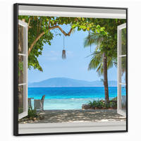 LEINWAND Bilder mit Rahmen - Aussicht - Baum - Meer - Palme - Hügel - Strand - Blau - 90x90 - Blau, Textil (90/90cm) - MuchoWow