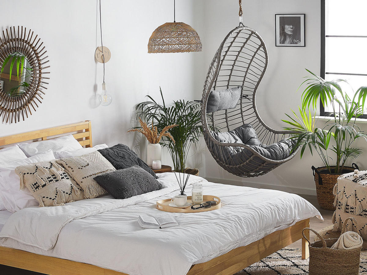 HÄNGESESSEL PE Rattan grau mit Sitzkissen Pineto - Grau, Kunststoff (66/137/80cm) - Beliani