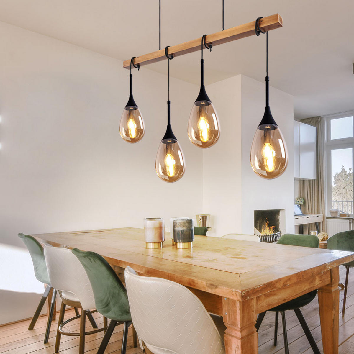 HÄNGELEUCHTE Holzoptik Schwarz 4-Flammig - Schwarz, Holz (92/12/120cm) - Globo Lighting