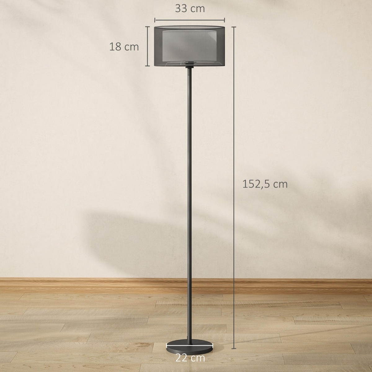 STEHLEUCHTE 33x152,5cm Stehlampe-schwarz mit E27-Fassung und zweifarbigem Stoffschirm - Schwarz, Metall (33/33/152.5cm) - Raelunyi
