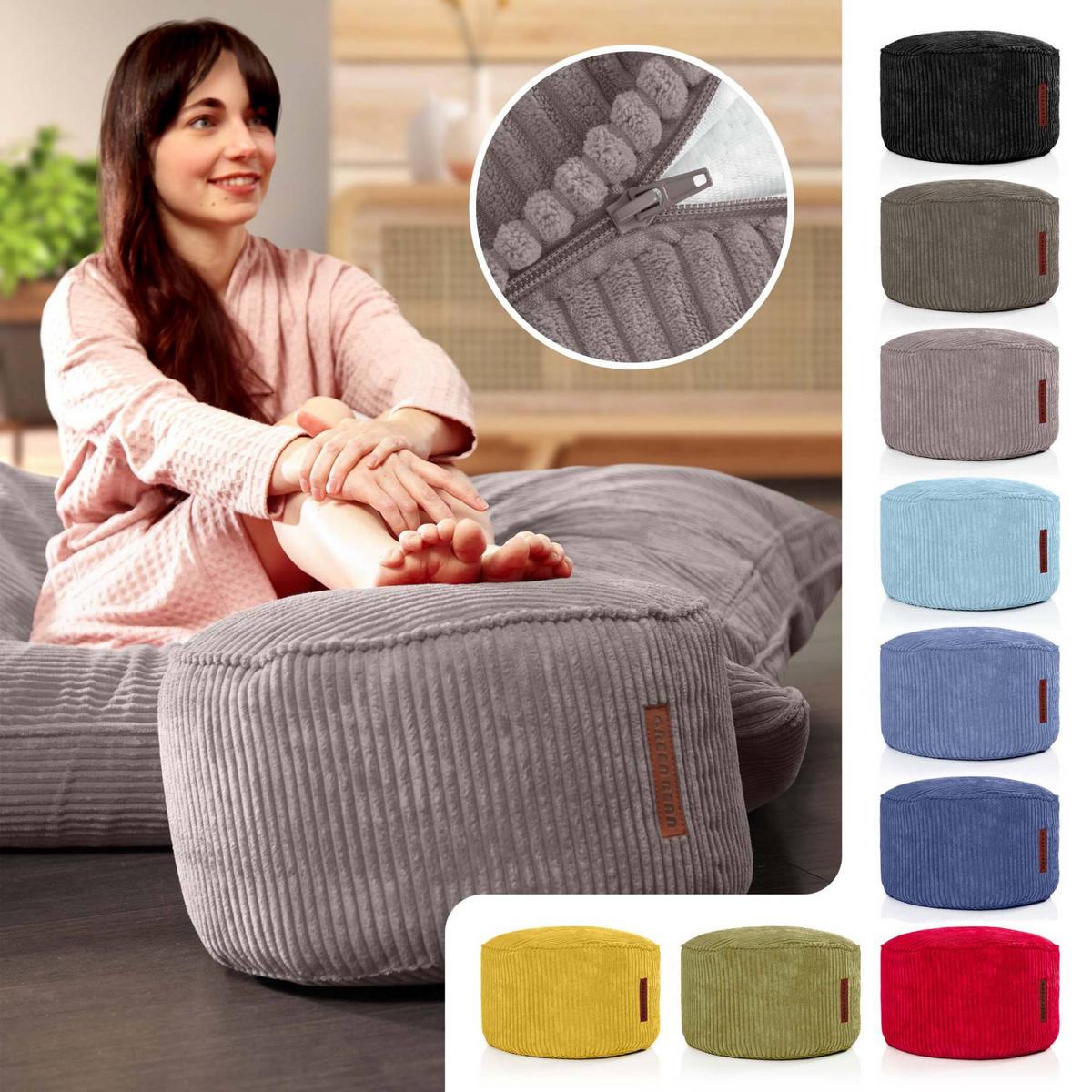 SITZSACK-HOCKER Pouf "Cord" 45x25cm - Grau, Textil (45/25/45cm) - Green Bean