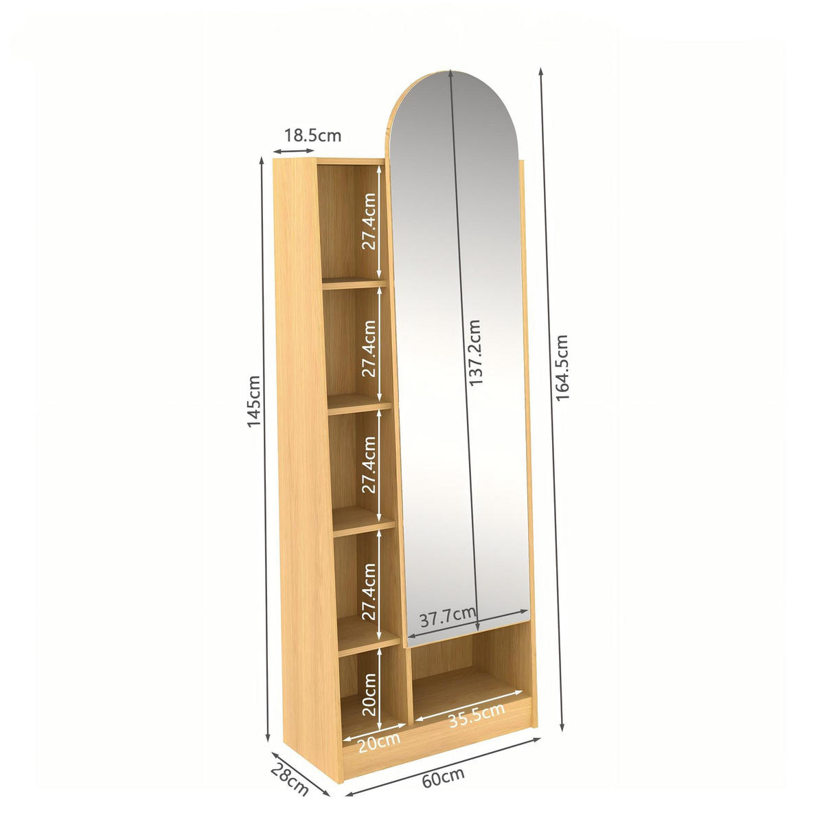 SCHUHSCHRANK Spiegel Holzoptik Hochschrank Stauraum - Naturfarben, Holzwerkstoff (60/165/28cm) - Urban Meuble