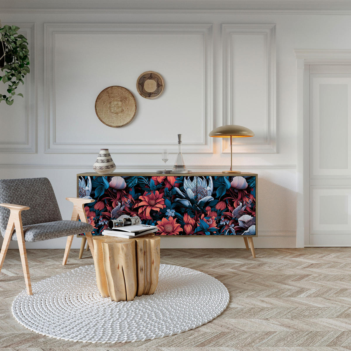 SIDEBOARD ETHEREAL BLOSSOMS, Eicheneffekt, 164,5x42x77,5 cm, 3 Türen - Eichefarben/Buchefarben, Holzwerkstoff/Buchenholz (164.5/77.5/42cm) - SpaceRebels