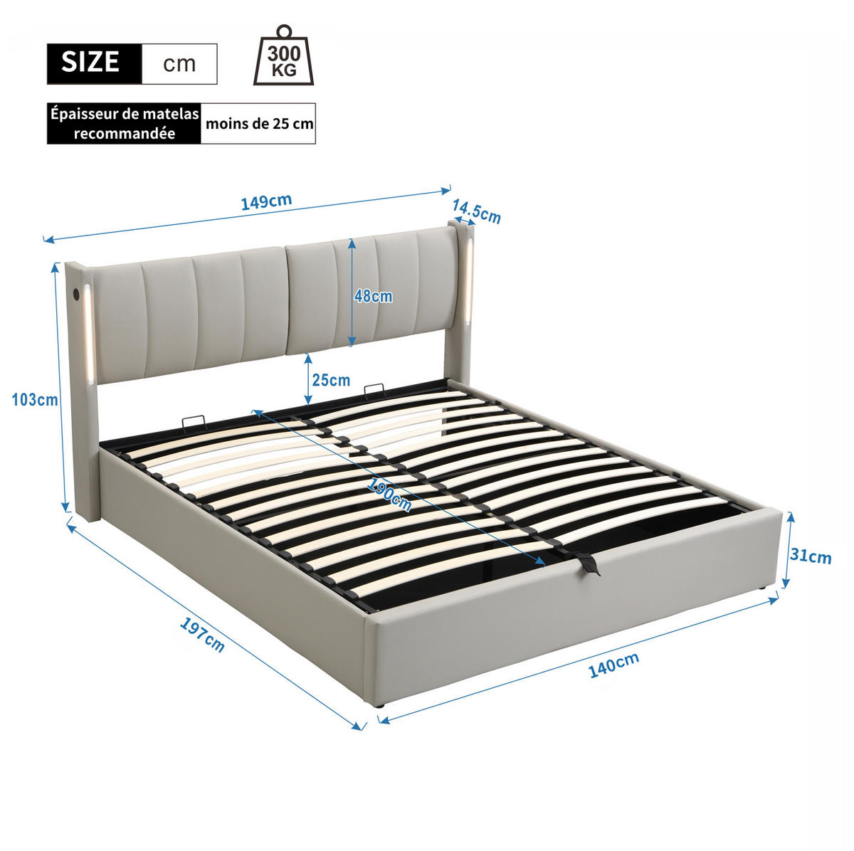 POLSTERBETT 140/190 cm mit LED-Beleuchtung, USB-/Type-C-Anschluss, verstellbarem Kopfteil und Bettkasten, PU, Grau - Grau, Kunststoff (140/190cm) - Redom