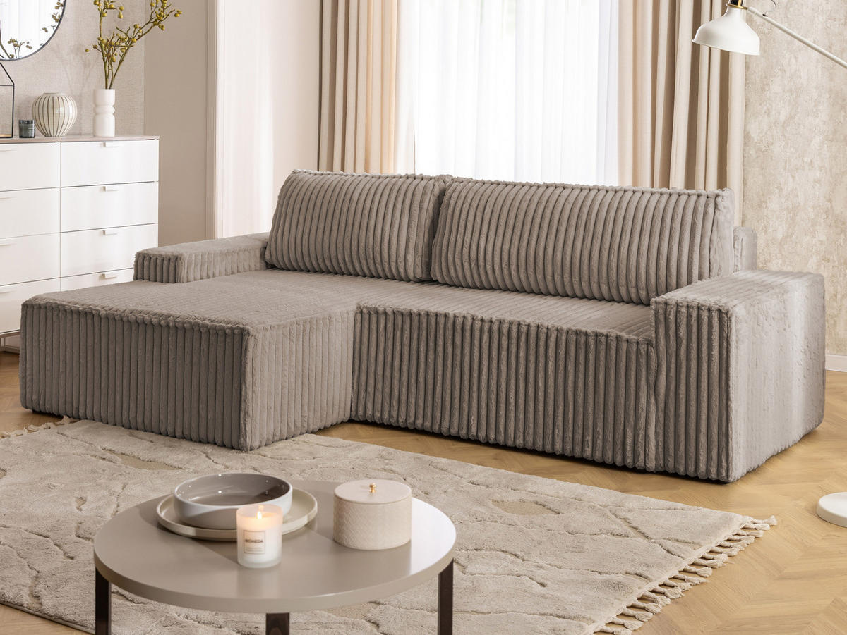 ECKSOFA Rivio mit Schlaffunktion und Bettkasten, Plüschcord Taupe - Taupe/Schwarz, Holz/Kunststoff (149/262cm) - S-Style