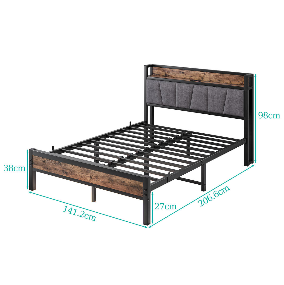 METALLBETT 140/190 cm Braun mit LED und USB - Braun, Metall (140/190cm) - Oxeza