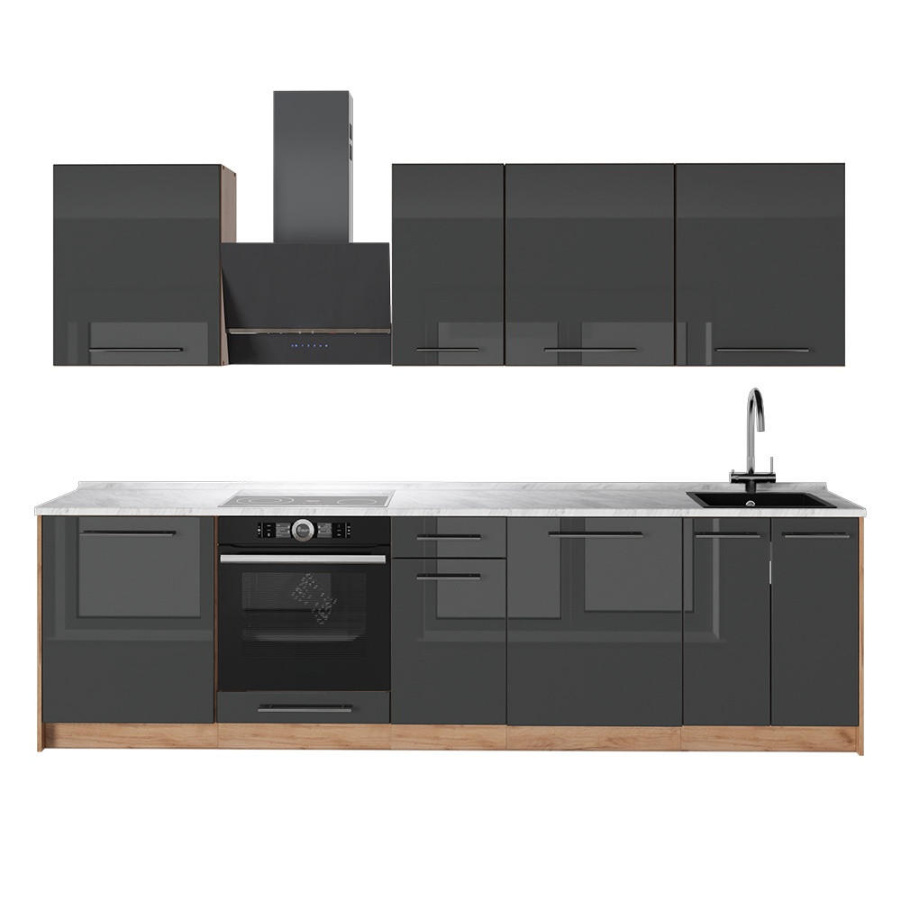 KÜCHENZEILE Fame-Line, Anthrazit Hochglanz/Goldkraft Eiche, 280 cm, AP Marmor - Honigeiche/Schwarz Hochglanz, Holzwerkstoff (280/82/60cm) - Vicco