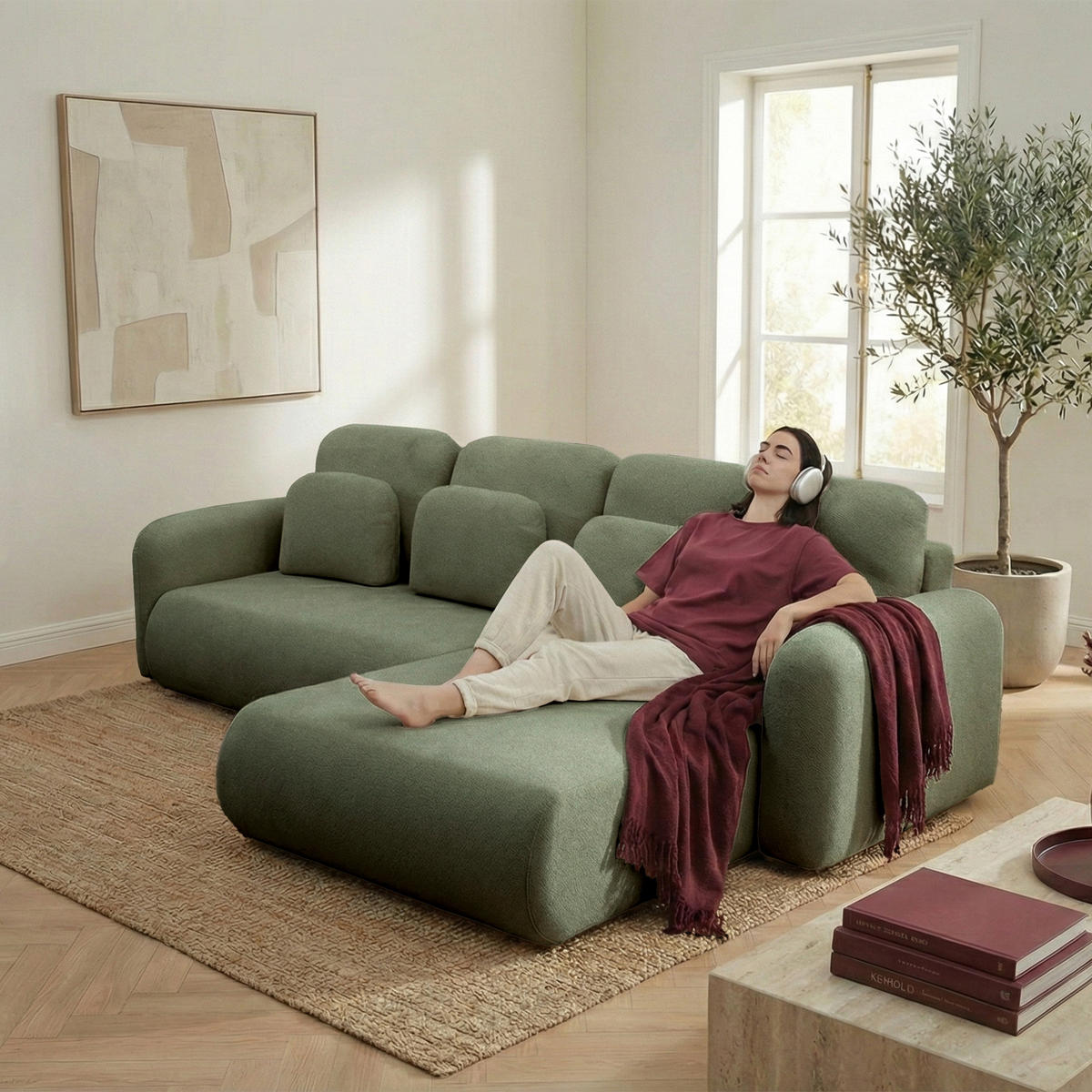 ECKSOFA NEST Universal mit Liegeflache 157x240 cm - Grün, Textil (280/187cm) - Muffo