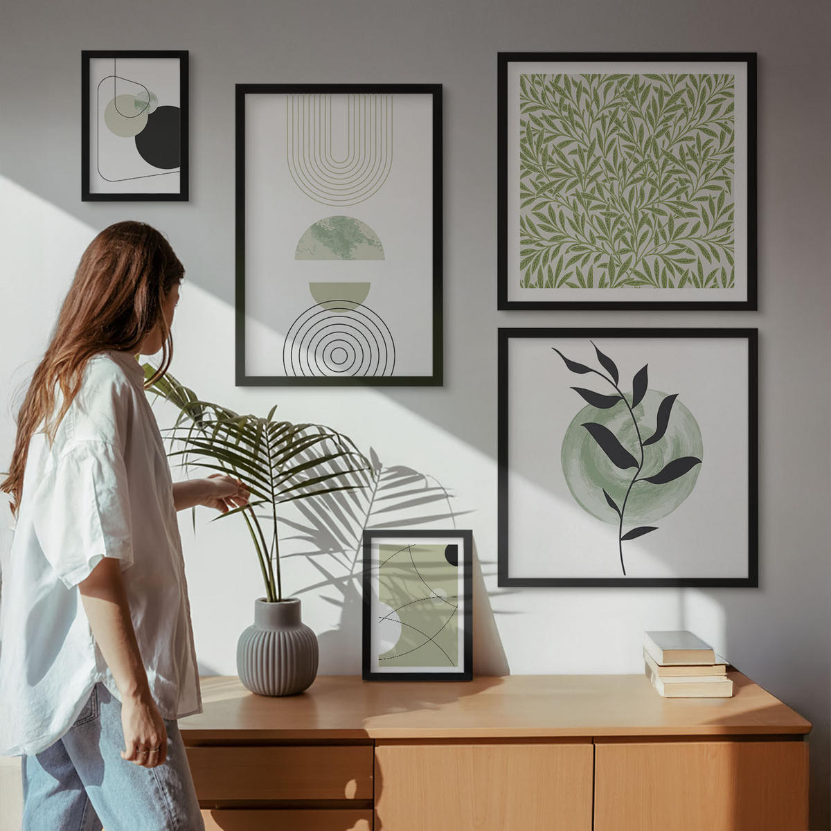 BILDER SET 5er Set - 50x50 cm & 20x30 cm & 40x60 cm Schwarzer Rahmen - Abstrakte Formen und Farben - Schwarz, Kunststoff (40/60cm) - TULUP