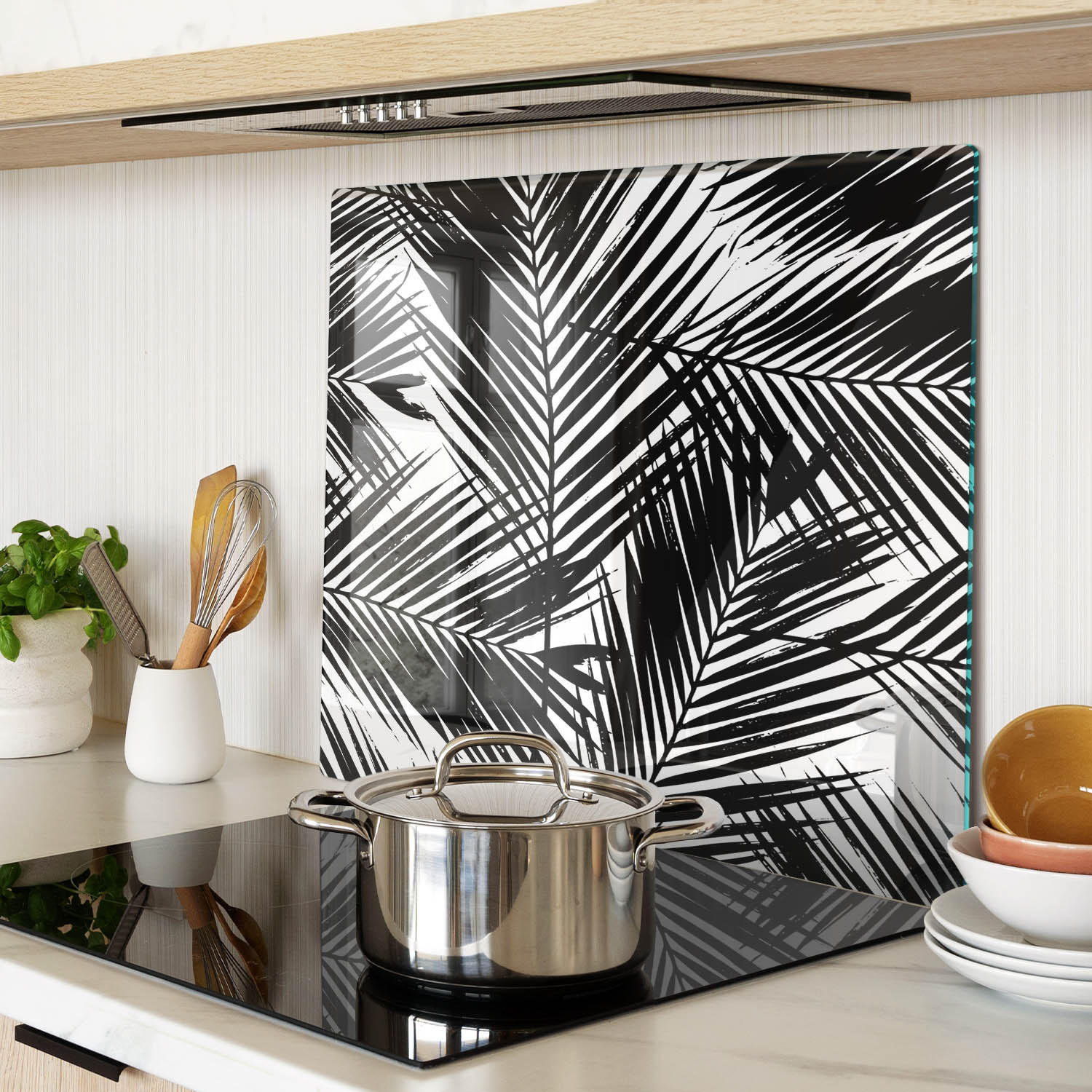 GLASPLATTE 60x52 cm Palmblätter - Schwarz, Glas (60/0.4/52cm) - TULUP