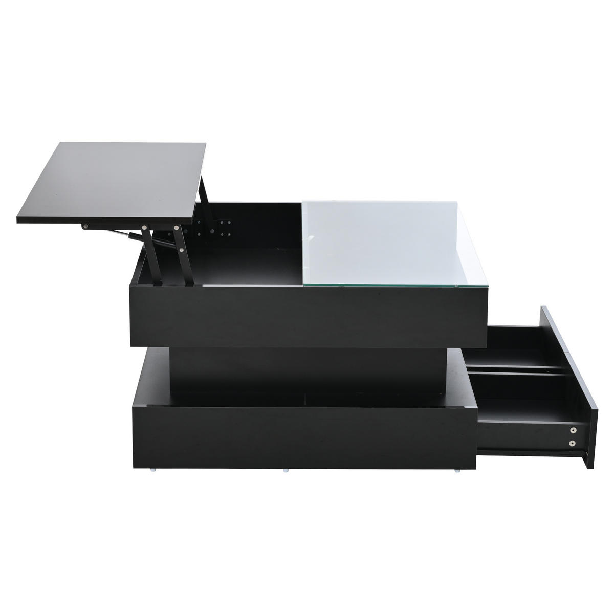 COUCHTISCH Couchtisch mit Liftfunktion und LED App Steuerung, Glas Design Hochglanz Stauraum multifunktional - Schwarz, Glas/Holzwerkstoff (80/80/45cm) - EVRYAE